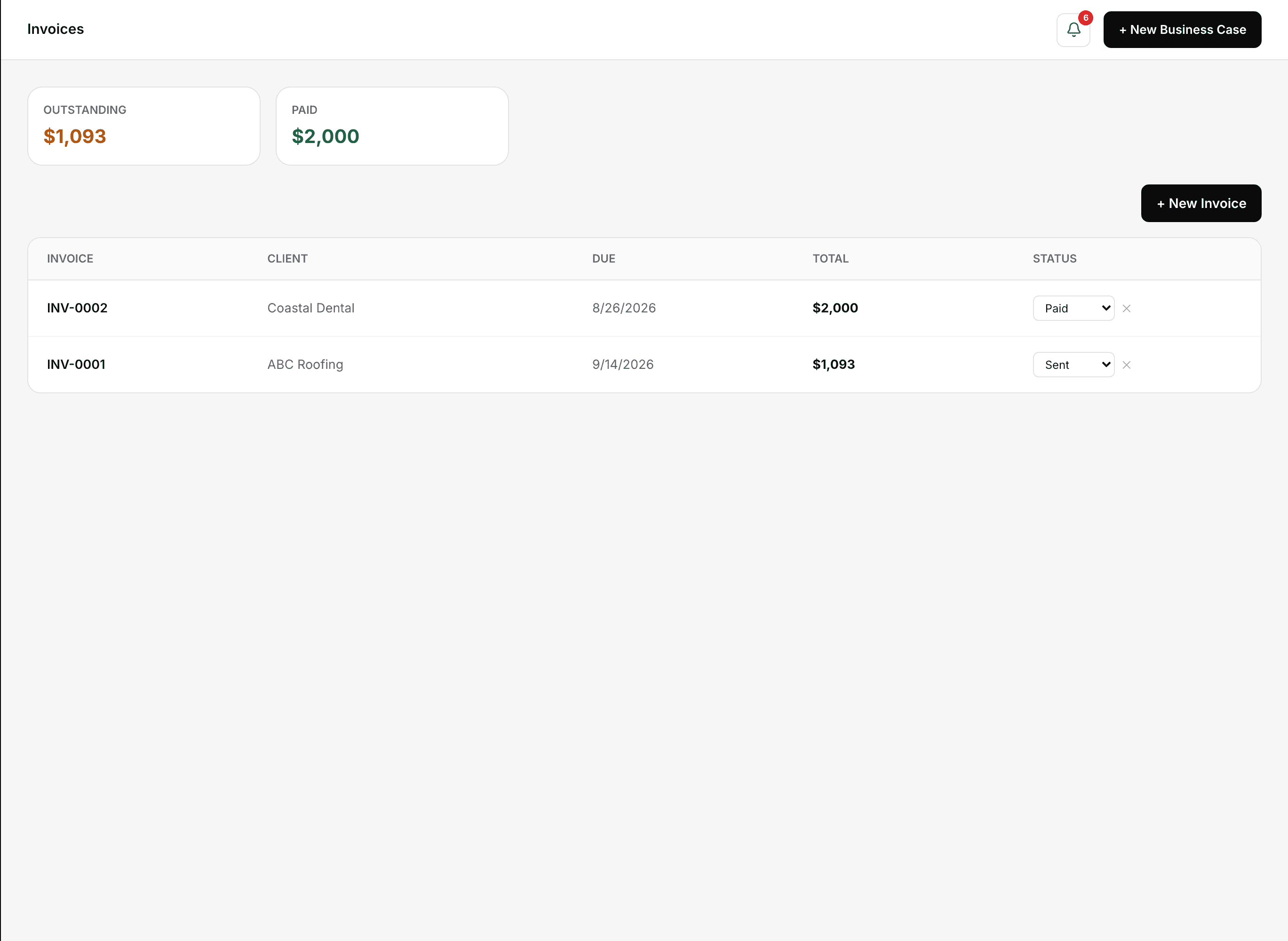 NettScale invoices page showing outstanding and paid totals